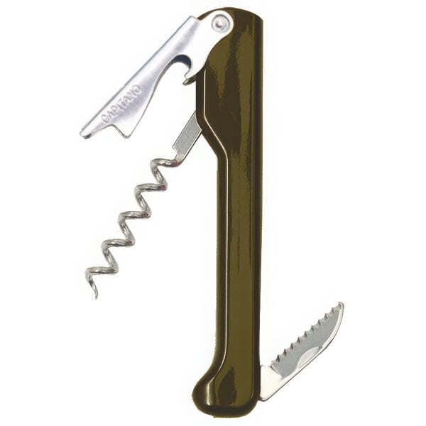 A Franmara Capitano Corkscrew with a vineyard green metal handle.