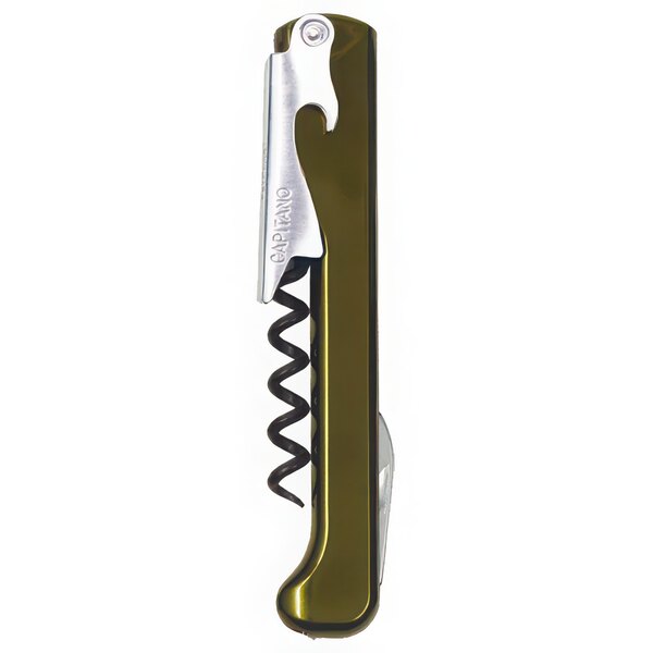A Franmara Capitano corkscrew with a vineyard green handle and silver accents opening a cork.