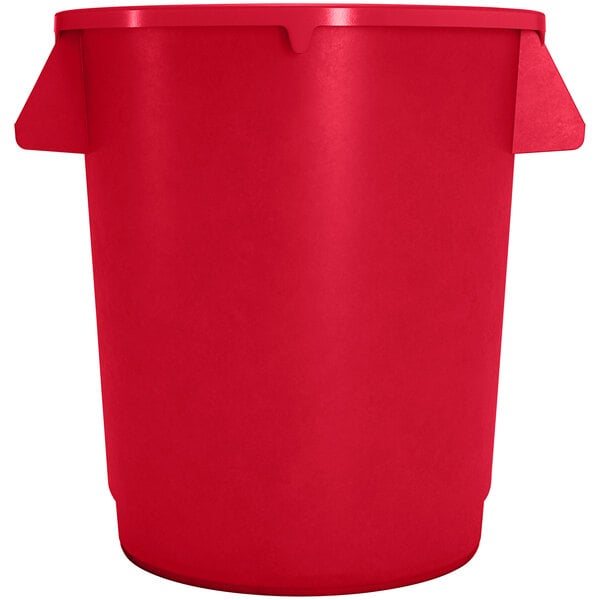 A red plastic Carlisle Bronco trash can with handles.