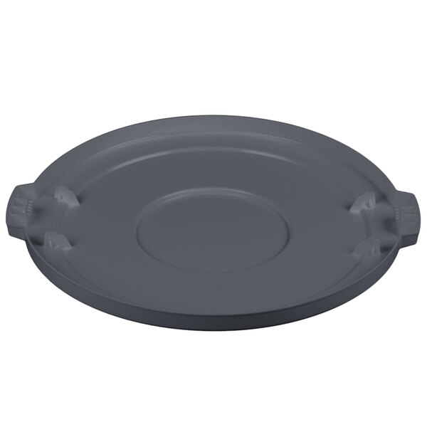 A grey plastic lid for a round trash can with handles.