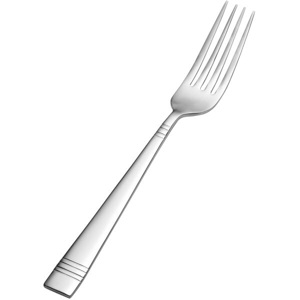 A close-up of a Bon Chef stainless steel dinner fork with a silver handle.