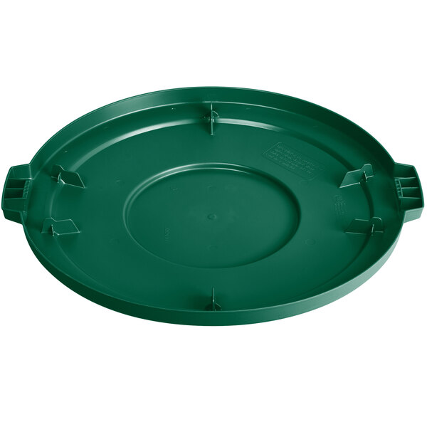 A green plastic lid for a Carlisle Bronco trash can with a handle.