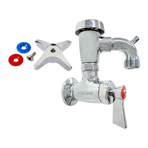 A wall-mounted service sink faucet with a 3-inch spout, garden hose outlet, lever handle, and additional handle parts.