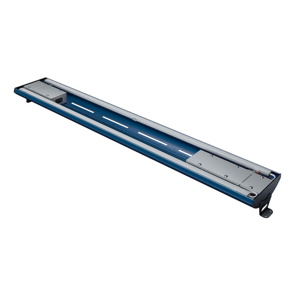 A long navy blue Hatco Glo-Rite display light with a blue and silver frame.