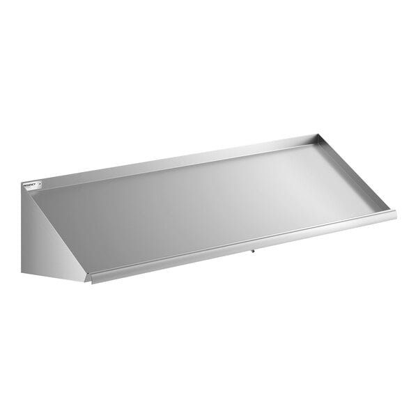 A stainless steel 63-inch wall mounted slanted rack shelf.