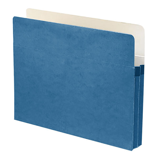 A blue file folder with white paper inside.