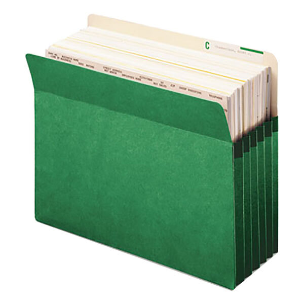A green Smead file pocket with several files inside.