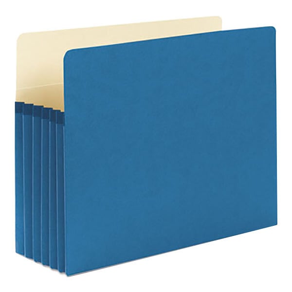 A blue Smead file pocket with a tan tab.