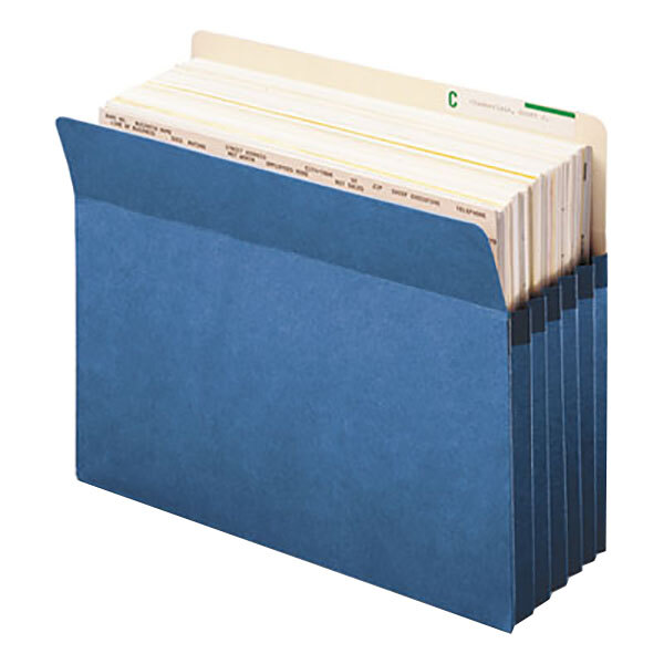 A blue Smead file pocket with several files inside.