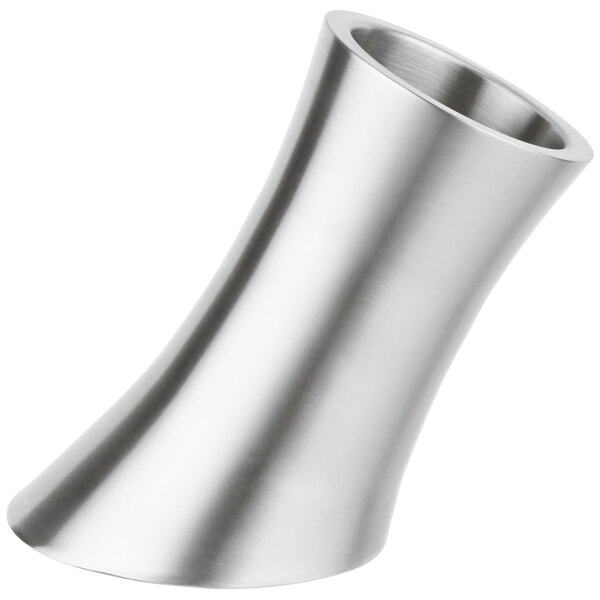 A close-up of a stainless steel cylinder with a curved neck.