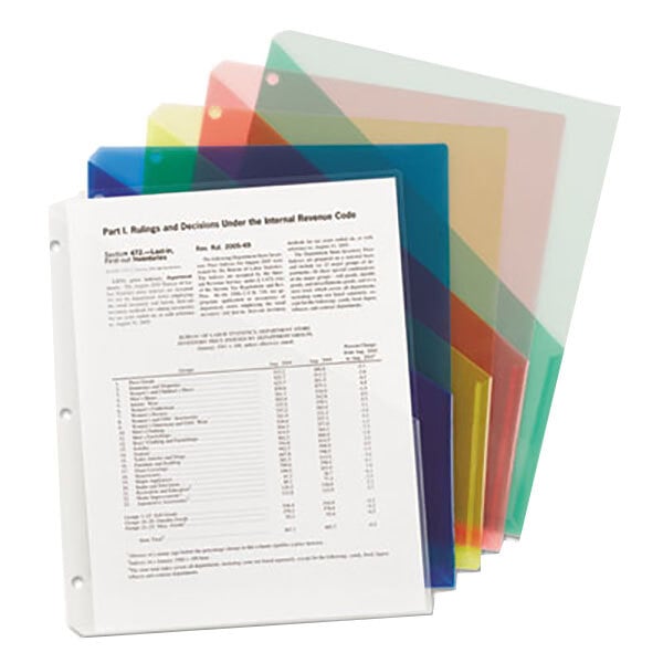 A stack of Smead plastic file jackets in assorted colors.