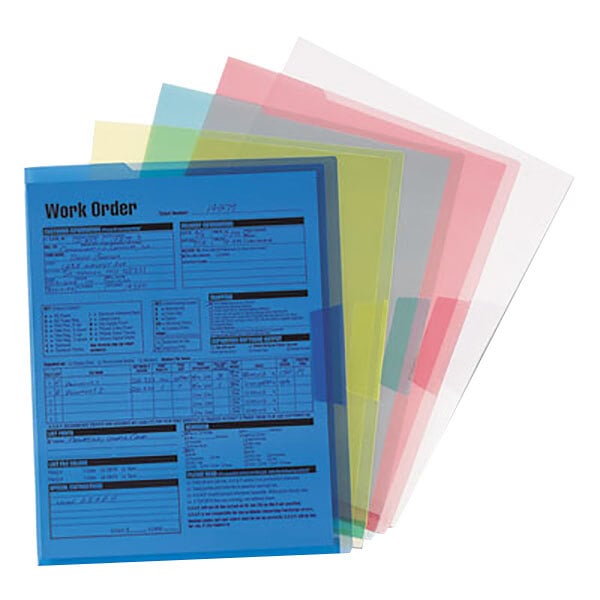 Smead Organized Up Poly Translucent File Jackets in assorted colors holding different colored papers.