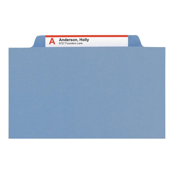 A blue Smead file folder with a white label.