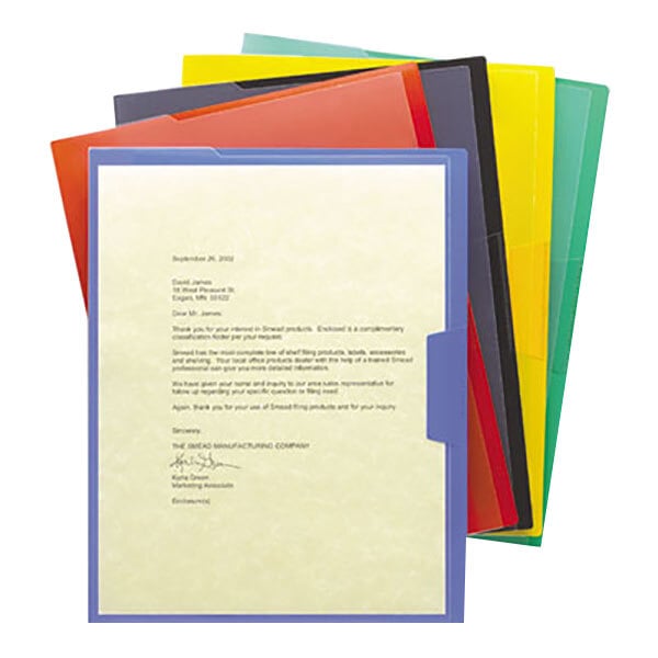 A stack of colorful Smead letter size file jackets.