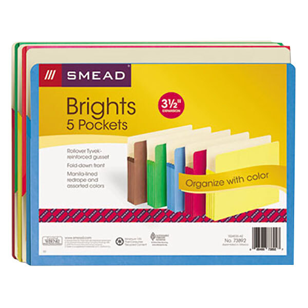 A box of Smead letter size file pockets in assorted colors with a red and blue label.