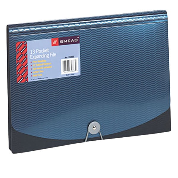 A blue Smead expanding file with clear tabs.