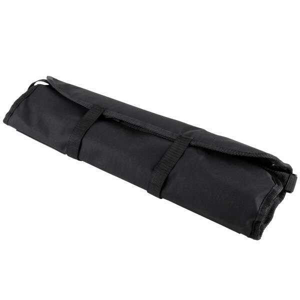 A black Dexter-Russell cutlery set bag with a strap on a white background.