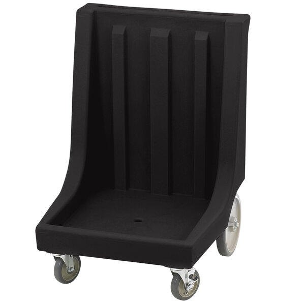 A black plastic Cambro dish rack and glass rack dolly with wheels.