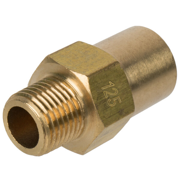 A close-up of a brass Cooking Performance Group 1.25mm burner orifice fitting with a number 351302150211 on it.