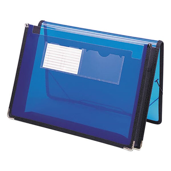 A blue plastic folder with a flap and cord closure.