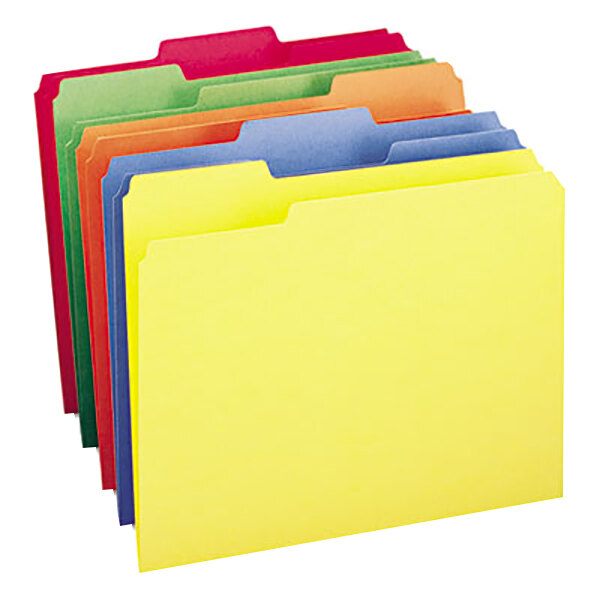 A row of Smead letter size file folders in assorted colors with 1/3 cut tabs.