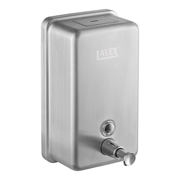 A Lavex stainless steel liquid soap dispenser with a lever.