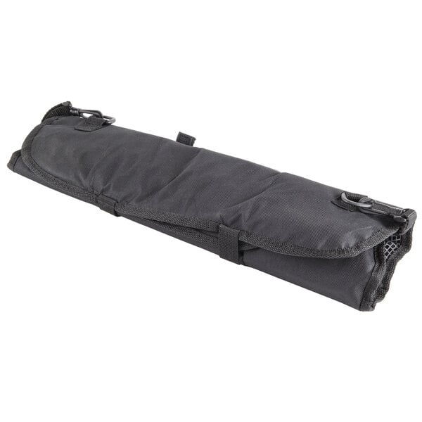 A black roll up bag with a zipper for a Dexter-Russell 6-piece knife set with purple handles.