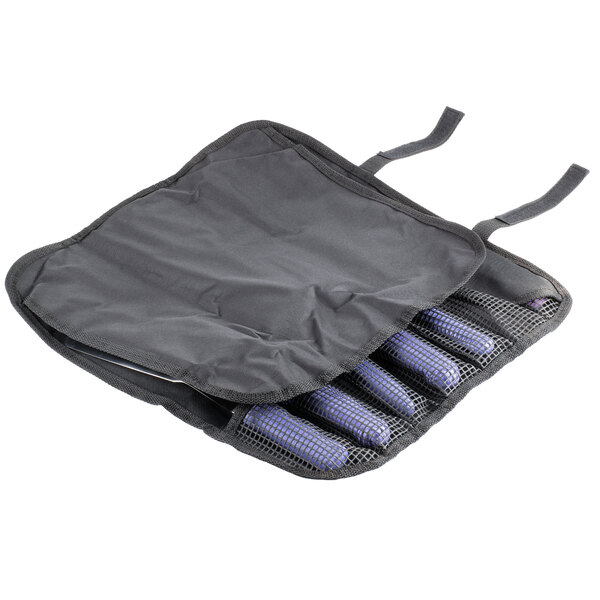 A black bag with six purple Dexter-Russell utility knives inside.