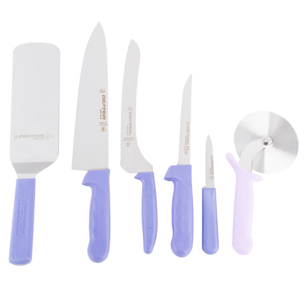 A Dexter-Russell utility set with purple handles and a pizza cutter.