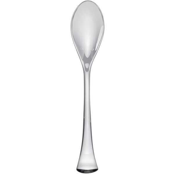 A clear stainless steel teaspoon with a long handle.
