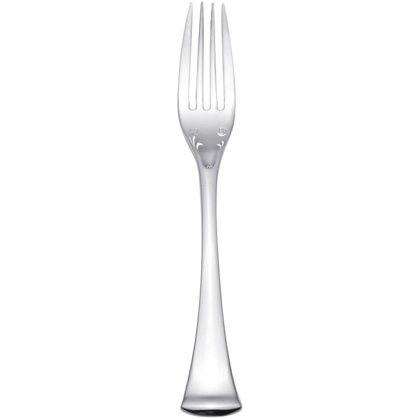 A stainless steel dinner fork with a silver handle and face.