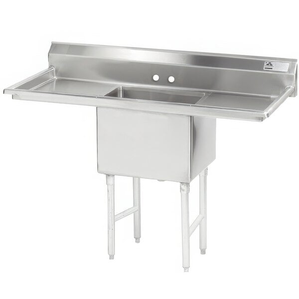 An Advance Tabco stainless steel one compartment pot sink with two drainboards.