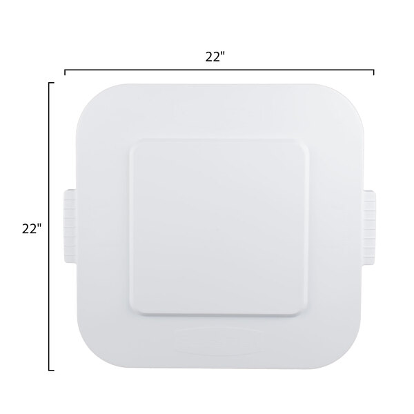 A white square Rubbermaid lid for a 28 gallon trash can.