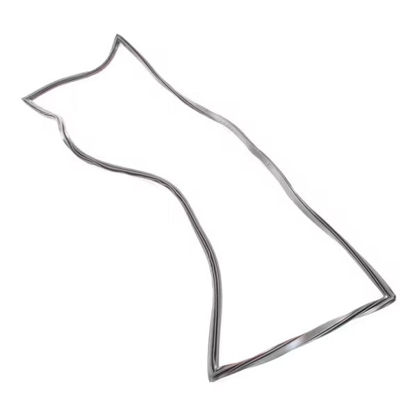 A metal or metallic gasket shaped with a contour resembling a bottle or abstract figure, photographed on a white background.