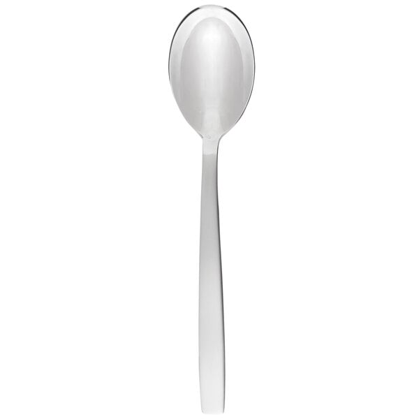 A Chef & Sommelier stainless steel dessert spoon with a white background.