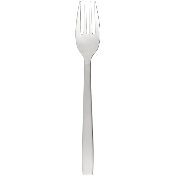 A silver fork with a white handle.