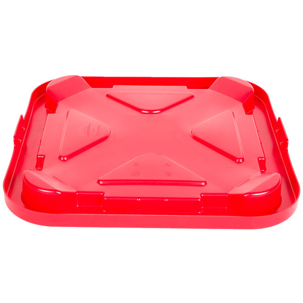 A red Rubbermaid BRUTE square lid on a red plastic container.