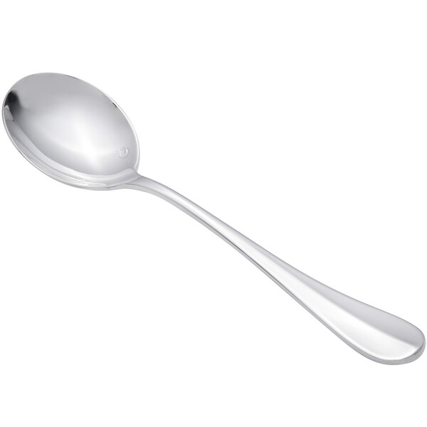 A Chef & Sommelier stainless steel soup spoon with a silver handle.