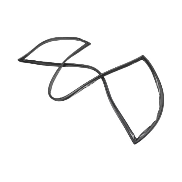 A black, flexible, irregularly shaped rubber or vinyl gasket with two large loops, displayed on a white background.
