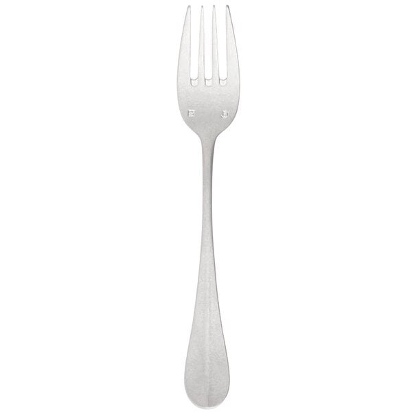 A stainless steel salad fork with a silver handle.