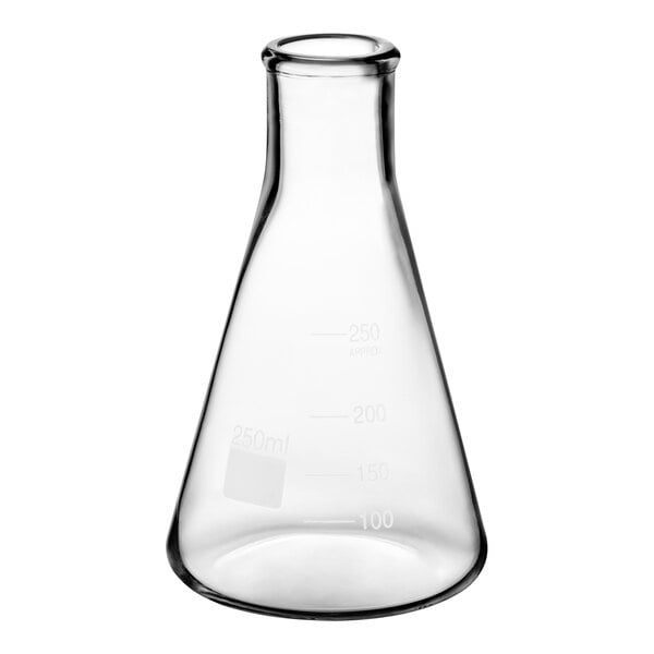 An 8.5 oz. (250 mL) Erlenmeyer flask made of clear glass.