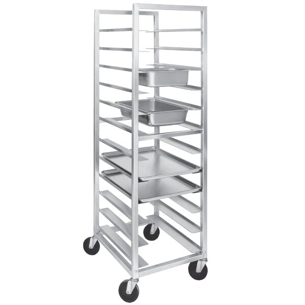 A Channel UTR-15 aluminum steam table pan rack holding metal trays.