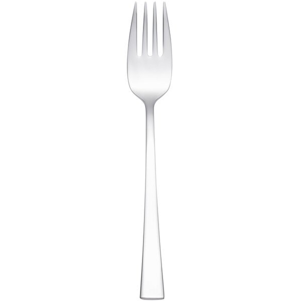 An Arcoroc stainless steel salad fork with a black tip on a white background.