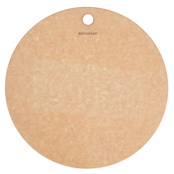A round brown Richlite wood fiber pizza board with a hole in the center.