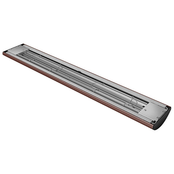 An Hatco antique copper infrared food warmer with a long rectangular light fixture above a wooden shelf.
