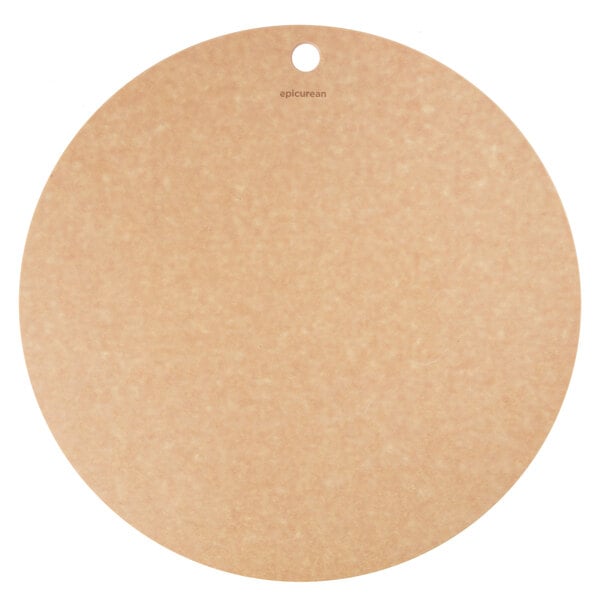 A round brown Richlite wood pizza board with a hole in the center.