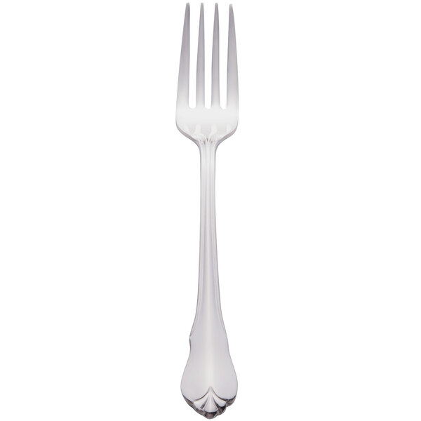 A Libbey stainless steel dessert fork with a silver handle.