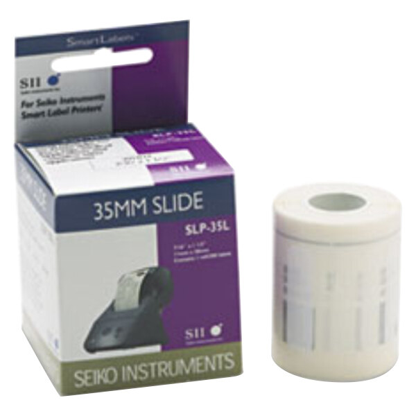 A purple and white package of Seiko Instruments white self-adhesive labels.