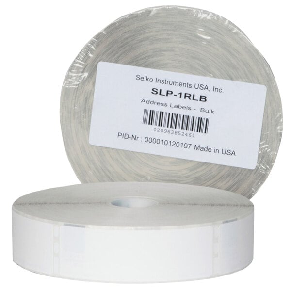 A roll of Seiko Instruments white address labels with a barcode on it.