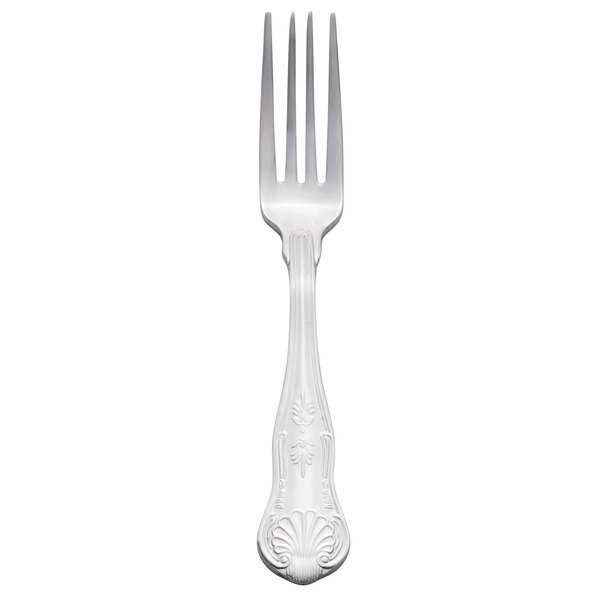 A Libbey stainless steel dessert fork with a silver handle.